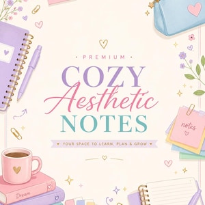 Puede incluir: Una ilustración digital con el texto PREMIUM COZY Aesthetic NOTES YOUR SPACE TO LEARN, PLAN & GROW. El diseño incluye un cuaderno de espiral, un estuche con marcadores, una taza de café, libros apilados Dream, Plan, Focus y notas adhesivas.
