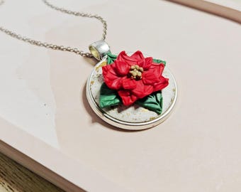 Hand sculpted polymer pendant necklace- Poinsettia