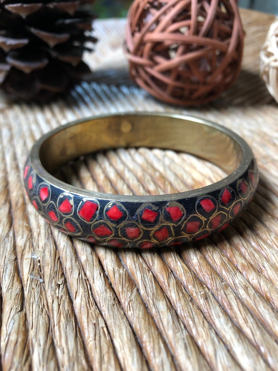 Brass and inlaid coral cloisonne bracelet - image 1