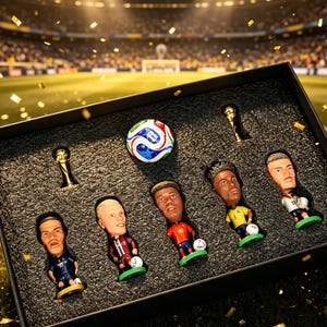 Könnte beinhalten: Eine schwarze Box mit Miniaturfiguren von Fußballspielern, einem Fußball und einer Trophäe. Die Figuren tragen verschiedenfarbige Trikots. Der Hintergrund zeigt ein beleuchtetes Fußballstadion mit Konfetti.