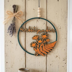 Herbstdeko Loop Herbstzauber aus PLA | Türkranz modern Landhausstil | Wanddeko Herbst Blumen Farn | Personalisierte Farben 17cm 20cm