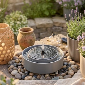 Pode incluir: Uma fonte de &aacute;gua circular cinzenta com um painel solar preto central e um pequeno esguicho. A fonte &eacute; rodeada por um anel de seixos de rio lisos e multicoloridos, criando um elemento de &aacute;gua compacto para espa&ccedil;os de jardim.
