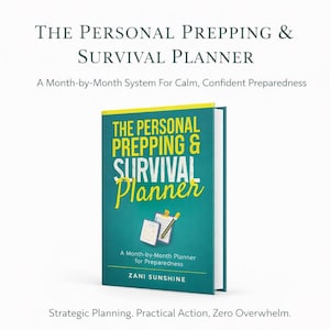May include: A teal and yellow book titled "THE PERSONAL PREPPING & SURVIVAL PLANNER." The book cover features the title in large, bold letters, with the subtitle "A Month-by-Month Planner for Preparedness." The author's name, Zani Sunshine, is also visible.
