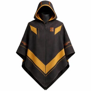 Herren Kapuzen-Lederumhang - Gelber und schwarzer taktischer Wildleder Poncho.