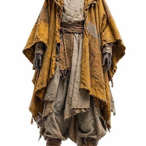 Men's Medieval Wanderer Cloak Costume, Rustic Hooded Nomad Outfit, Fantasy Cosplay Robe.