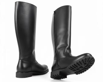 Men's Black Leather Tall Riding Boots, Knee High Officer Combat Lug Sole
