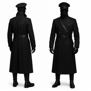 May include: A black long coat featuring a high collar, a belt at the waist, and a matching cap. The back of the coat displays an embossed eagle emblem, while the front includes a diagonal strap, a small pin, and a subtle eagle logo on the chest.