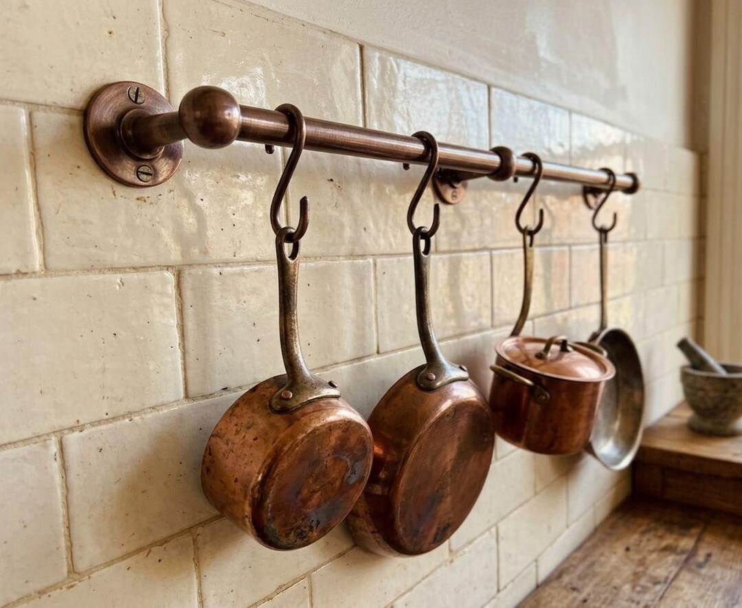 Solid Copper Pot Rack Unlacquered Dark Copper Pot Rack, Rustic Farmhouse Kitchen Rail With ...