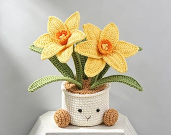 Doniczka z żonkilem robiona na szydełku, ręcznie robiona roślina amigurumi, dekoracja biurka Forever Flower, uroczy, dzianinowy prezent dla niej, wiosenny wystrój pokoju