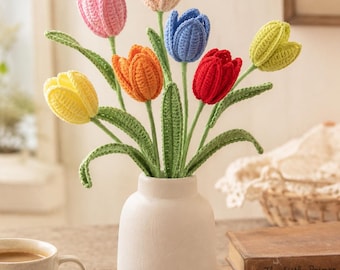 Tallo de tulipán de ganchillo de 40 cm / Tulipán tejido a mano, regalo de graduación, decoración floral artificial, regalo de cumpleaños para ella.