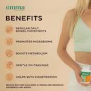 Puede incluir: Una etiqueta de producto con la marca "omma" y la palabra "BENEFITS" en letras grandes y en negrita. La etiqueta enumera los beneficios, incluyendo movimientos intestinales regulares, promueve el microbioma, aumenta el metabolismo, suave con los antojos y ayuda con el estre&ntilde;imiento.