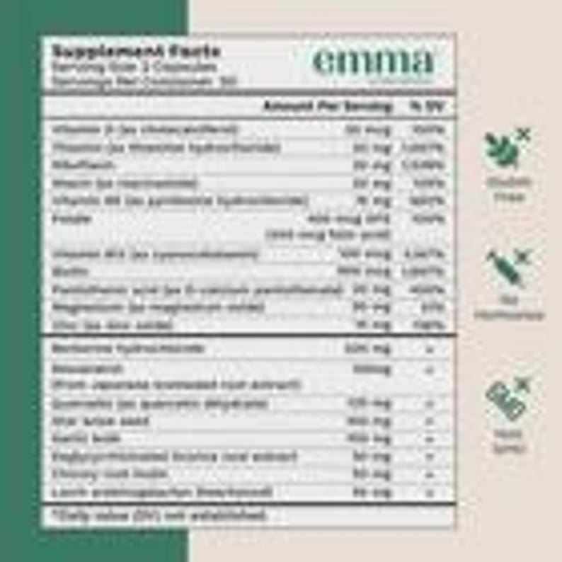 May include: Supplement Facts label for "emma" brand supplements. The label lists ingredients, amounts per serving, and % Daily Value. The label is white with green accents and includes icons for "Gluten Free" and "Non-GMO".