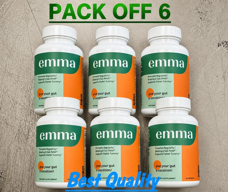 Puede incluir: Seis botellas blancas de suplementos con etiquetas verdes y naranjas est&aacute;n dispuestas sobre una superficie texturizada. Las etiquetas dicen "emma" y promueven la regularidad y el alivio de los gases. El texto "PACK OFF 6" est&aacute; en la parte superior y "Best Quality" en la inferior.