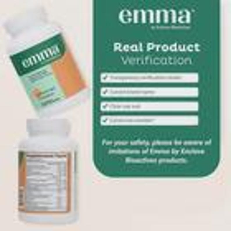 May include: Two white supplement bottles with green and orange labels, one tilted. The labels read "emma" and "Supplement Facts." A green graphic lists verification steps. Text on the graphic reads "Real Product Verification."