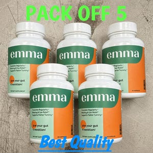 May include: Five white supplement bottles with green and orange labels. The labels read "emma" and promote regularity, bloating, and gas relief. The text "give your gut a vacation!" is also visible.
