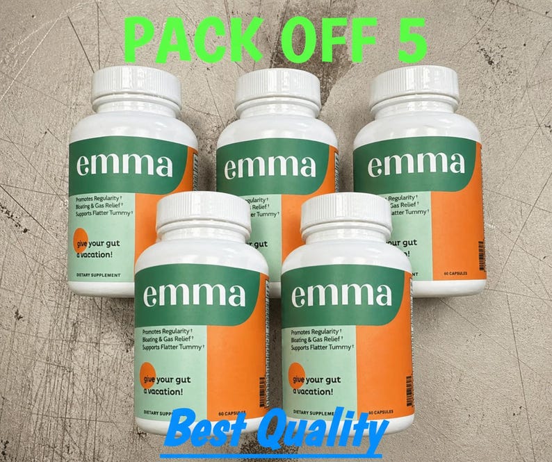 May include: Five white supplement bottles with green and orange labels. The labels read "emma" and promote regularity, bloating, and gas relief. The text "give your gut a vacation!" is also visible.