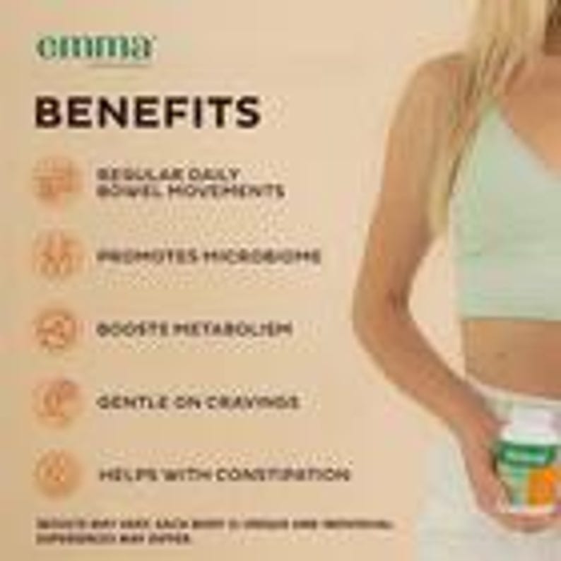 May include: A product label with the brand name "omma" and the word "BENEFITS" in large, bold letters. The label lists benefits including regular bowel movements, promoting microbiome, boosting metabolism, gentle on cravings, and helps with constipation.