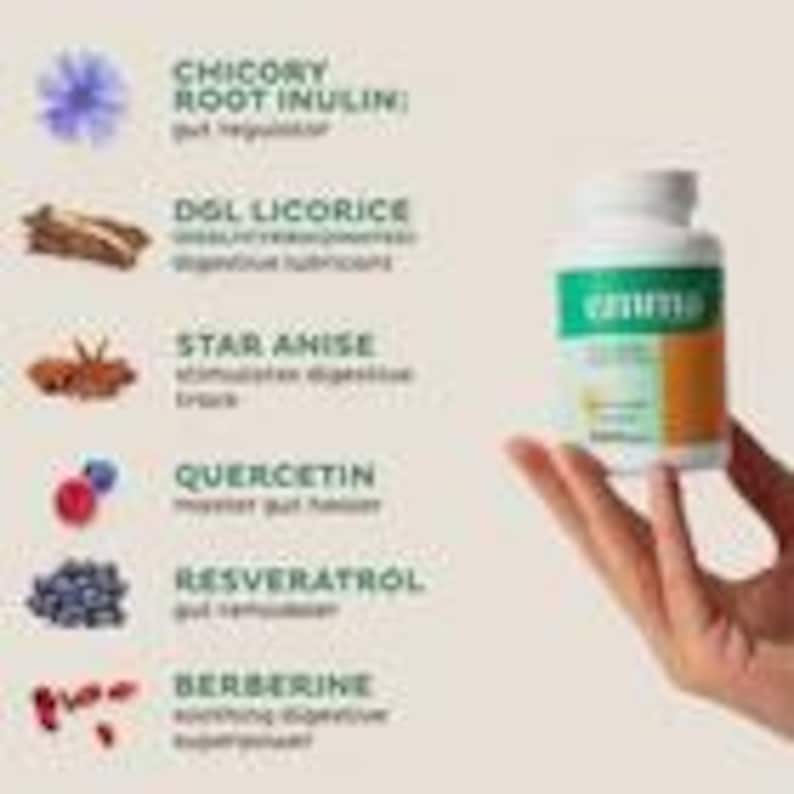 Puede incluir: Una mano sostiene un frasco de suplemento blanco con una etiqueta verde y naranja. La etiqueta dice "emma" y enumera ingredientes como inulina de ra&iacute;z de achicoria, regaliz DGL, an&iacute;s estrellado, quercetina, resveratrol y berberina. El fondo es de color beige claro.