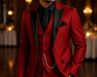 Men's Red Slim Fit 3-Piece Tuxedo Suit, Wool Blend Formal Prom Wedding Blazer Set