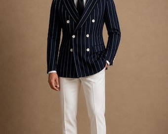 Navy Pinstripe Double Breasted Suit, Slim Fit Blazer, White Trousers, Formal Attire