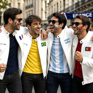 May include: Four people wearing white jackets, sunglasses, and team colors. The group is smiling and embracing, with flags of France, Brazil, Argentina, and Portugal on their faces and clothing. A banner with the word "FRANCE" is visible.