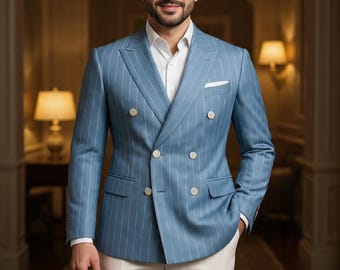 Sky Blue Pinstripe Double-Breasted Blazer – Men's Slim Fit Formal Coat
