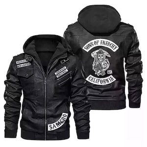 Sons of Anarchy Inspired Leather Jacket: Black Hooded Biker MC Patch Motorcycle Apparel
