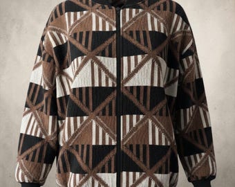 Chaqueta bomber vintage Harlan Tapestry, tejido geométrico, marrón y negro, fabricada en EE. UU., talla M.