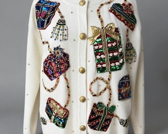 Marisa Christina 1994 Weihnachtskollektion Perlen Pailletten Strickjacke Wolle M Vintage