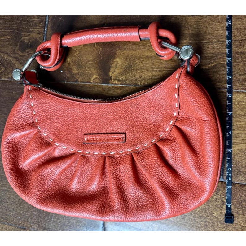 BCBG Max Azria Pebbled Leather Handbag Orange Top Handle Satchel Purse image 8