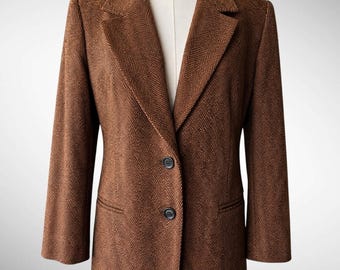 Blazer vintage Harlan in tweed a spina di pesce nero, taglia 12