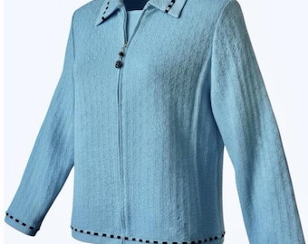 St. John Collection Santana Strickanzug, 3-teilig, Hose, Strickjacke, Aqua, schwarzer Besatz, Größe 12