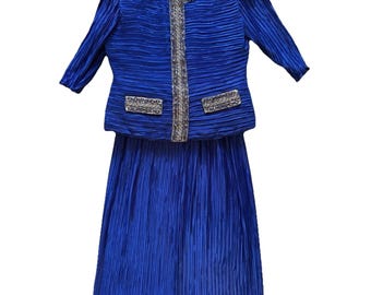 Vintage Royal Blue Beaded 2 Piece Skirt Suit Formal Mother Bride Size 14 USA