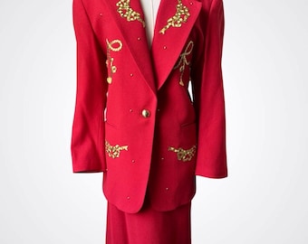 Conjunto de falda y chaqueta con borlas Harlan Red Gold Bow Studded Suit Talla 10 Vintage