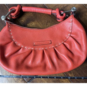 BCBG Max Azria Pebbled Leather Handbag Orange Top Handle Satchel Purse image 9