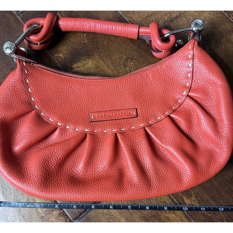 BCBG Max Azria Pebbled Leather Handbag Orange Top Handle Satchel Purse image 9