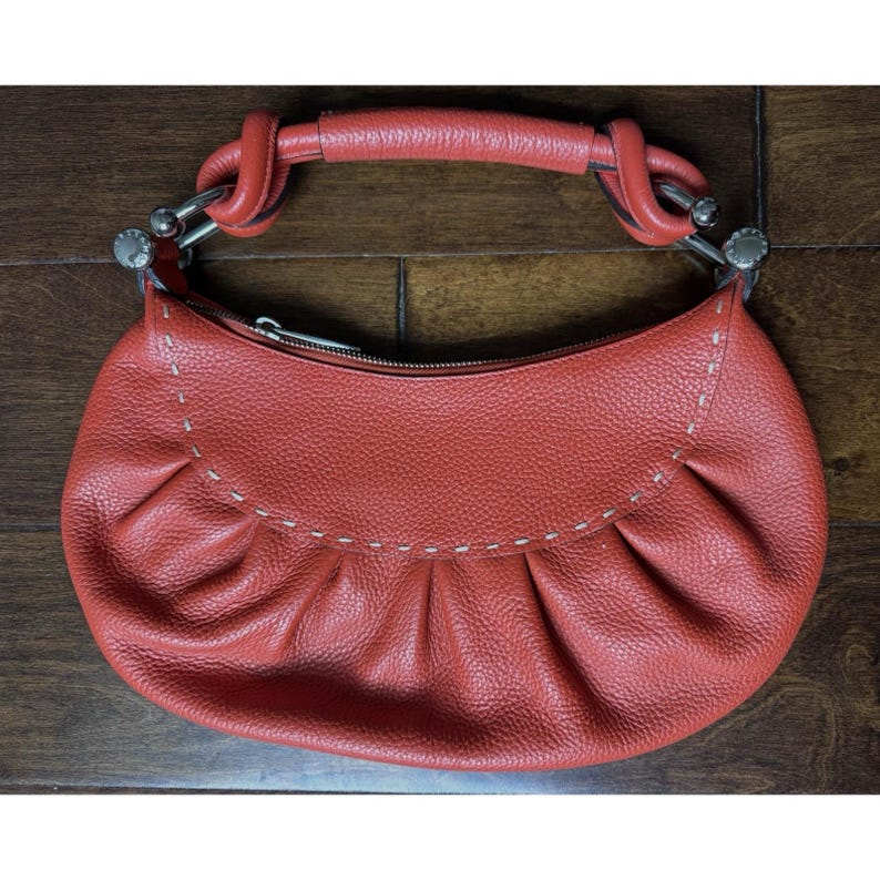 BCBG Max Azria Pebbled Leather Handbag Orange Top Handle Satchel Purse image 3