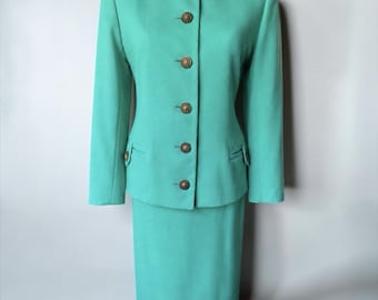 Herbert Grossman Seafoam Green Teal-wollen rokkostuum, maat 12 Cynthia Sobel