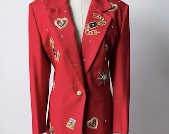 Vintage Harlan rote Uhr Herz Strass Neuheit Blazer Größe 12