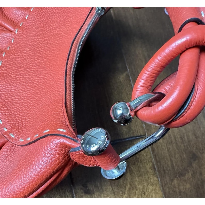BCBG Max Azria Pebbled Leather Handbag Orange Top Handle Satchel Purse image 4