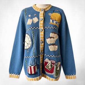 Vintage Quacker Fabrik Strickjacke Teekanne Teetasse Pullover Frauen M Neuheit