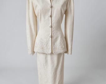 Karen Lawrence Ivory Beaded Lace Skirt Suit 12 Formalny wieczór weselny