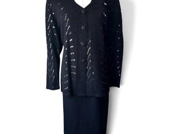 Vintage Toula Black Wool Knit Skirt Suit 12 12P Shimmer Beaded Buttons