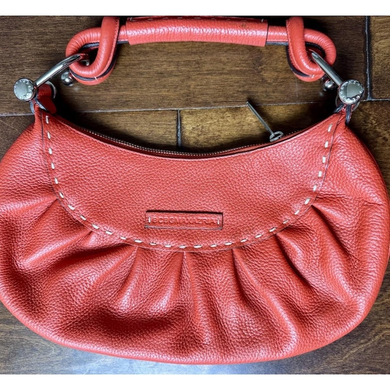 BCBG Max Azria Pebbled Leather Handbag Orange Top Handle Satchel Purse image 2