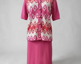 Vintage Ami Knits Rosa Koralle Geometrische Strickjacke Rock Anzug