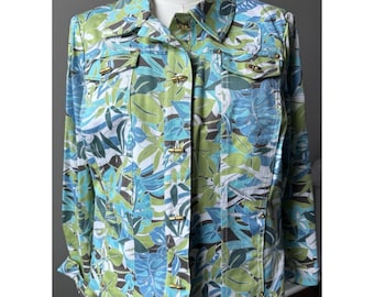 St John Sport Leaf Print Denim Jacket Pant Set Size 16 Vintage