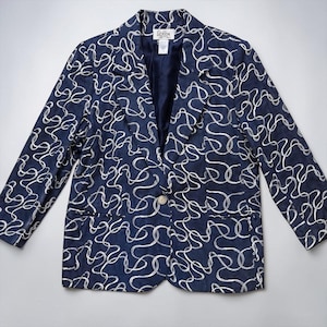 Vintage Da-Rue Navy Abstract Ribbon Print Blazer Jacket 80s Size 14