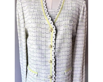 St John Collection Knit Suit Jacket Tank Set 10 L White Lime Navy