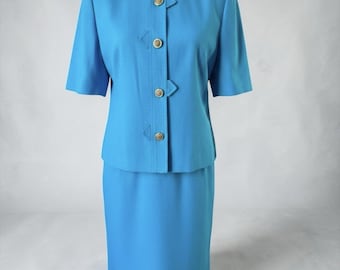 Vintage Gene Roye Turquoise Skirt Suit Set Gold Button Made USA Size 14