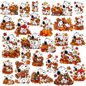 May include: A collection of Snoopy illustrations featuring the character in various autumn scenes, wearing plaid scarves and hats, surrounded by orange and red fall leaves, pumpkins, wagons, books, and warm beverages, all set against a white background.